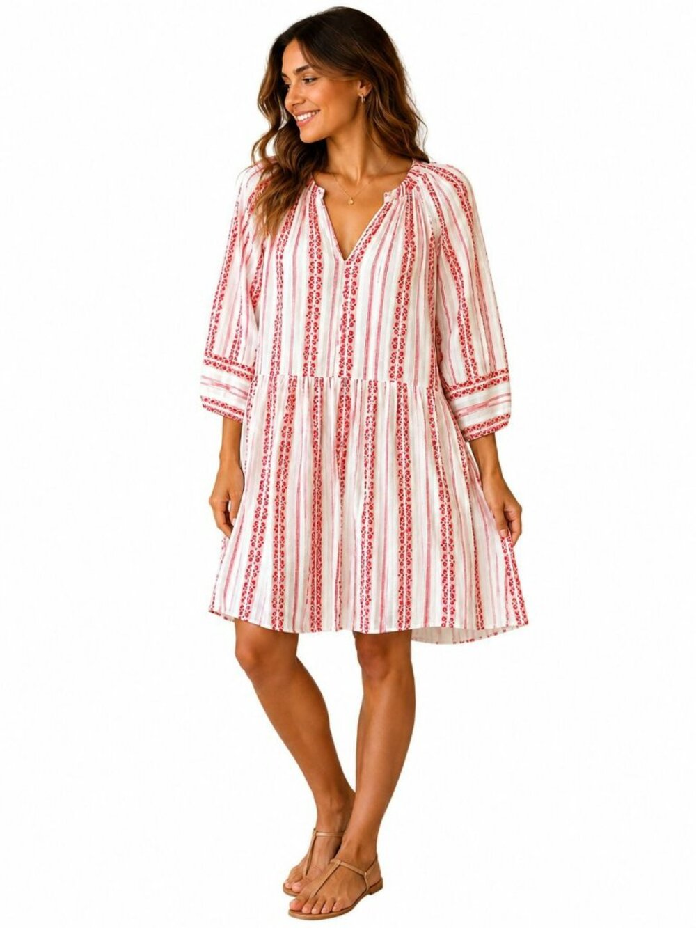 Velvet By Graham & Spencer Boho Tunic Dress Red White Striped Sz L 100% Cotton